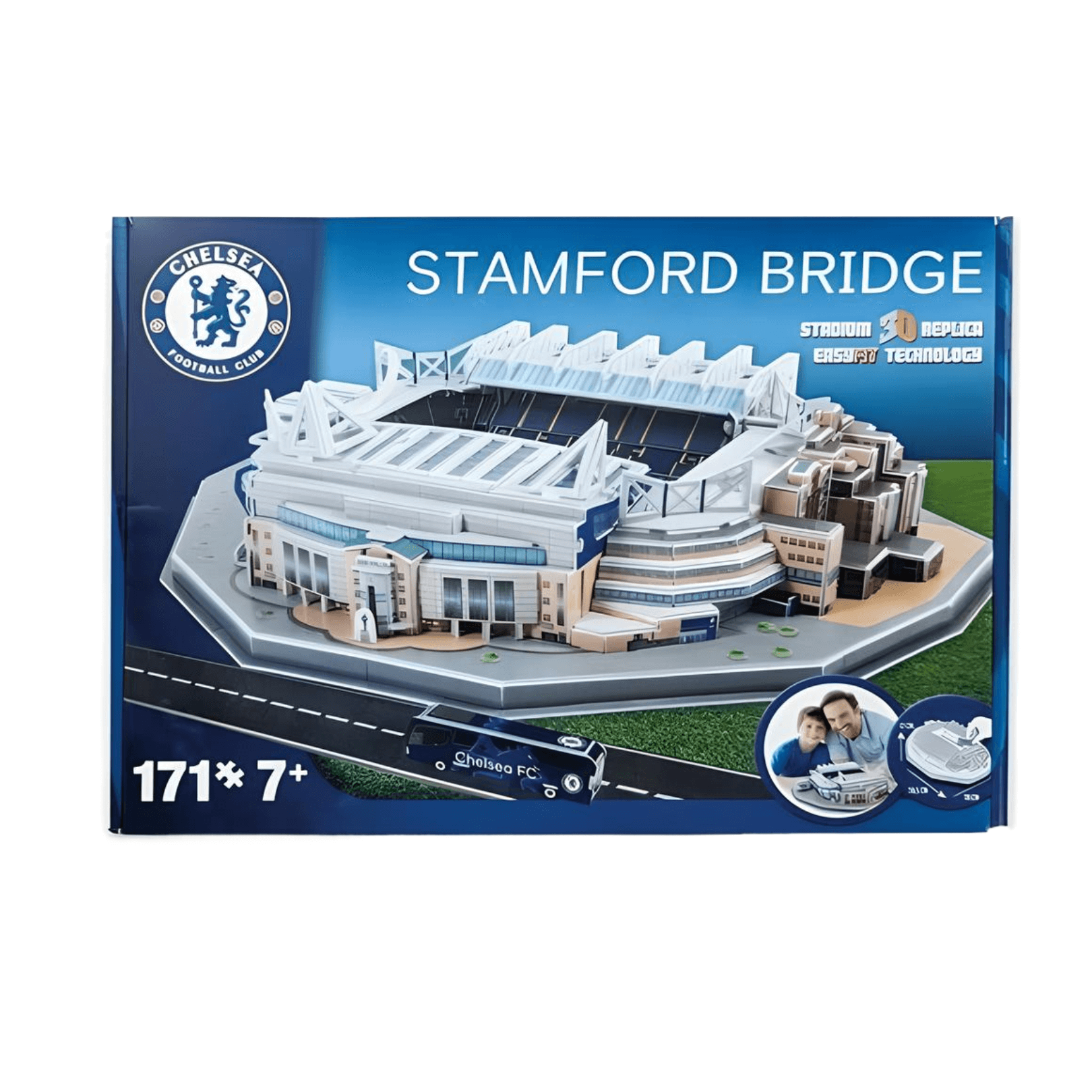 Chelsea Stamford Bridge 3D Stadium Puzzle packaging featuring the iconic Stamford Bridge stadium model.