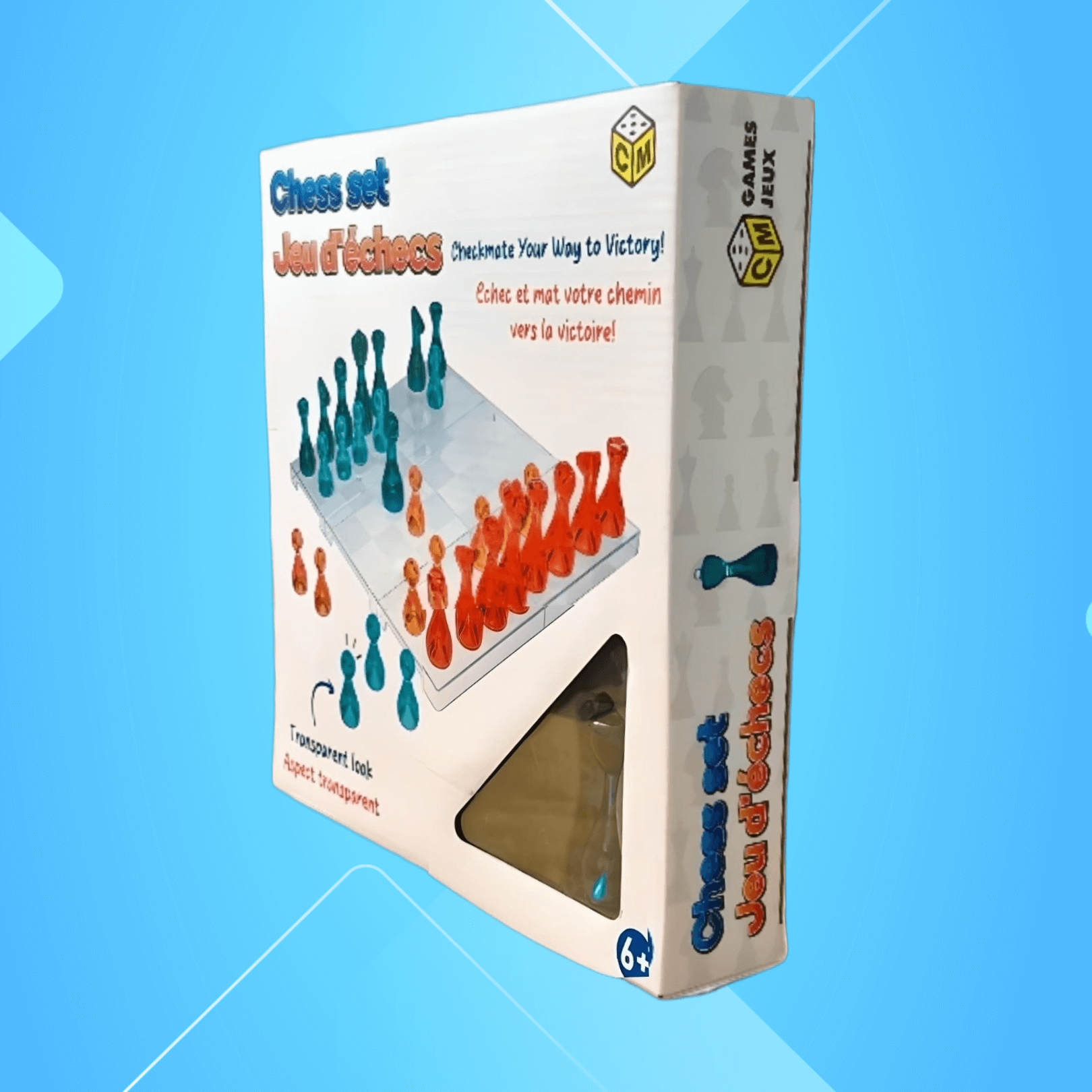 Transparent chess set box featuring colorful blue and orange pieces, perfect for modern gameplay.
