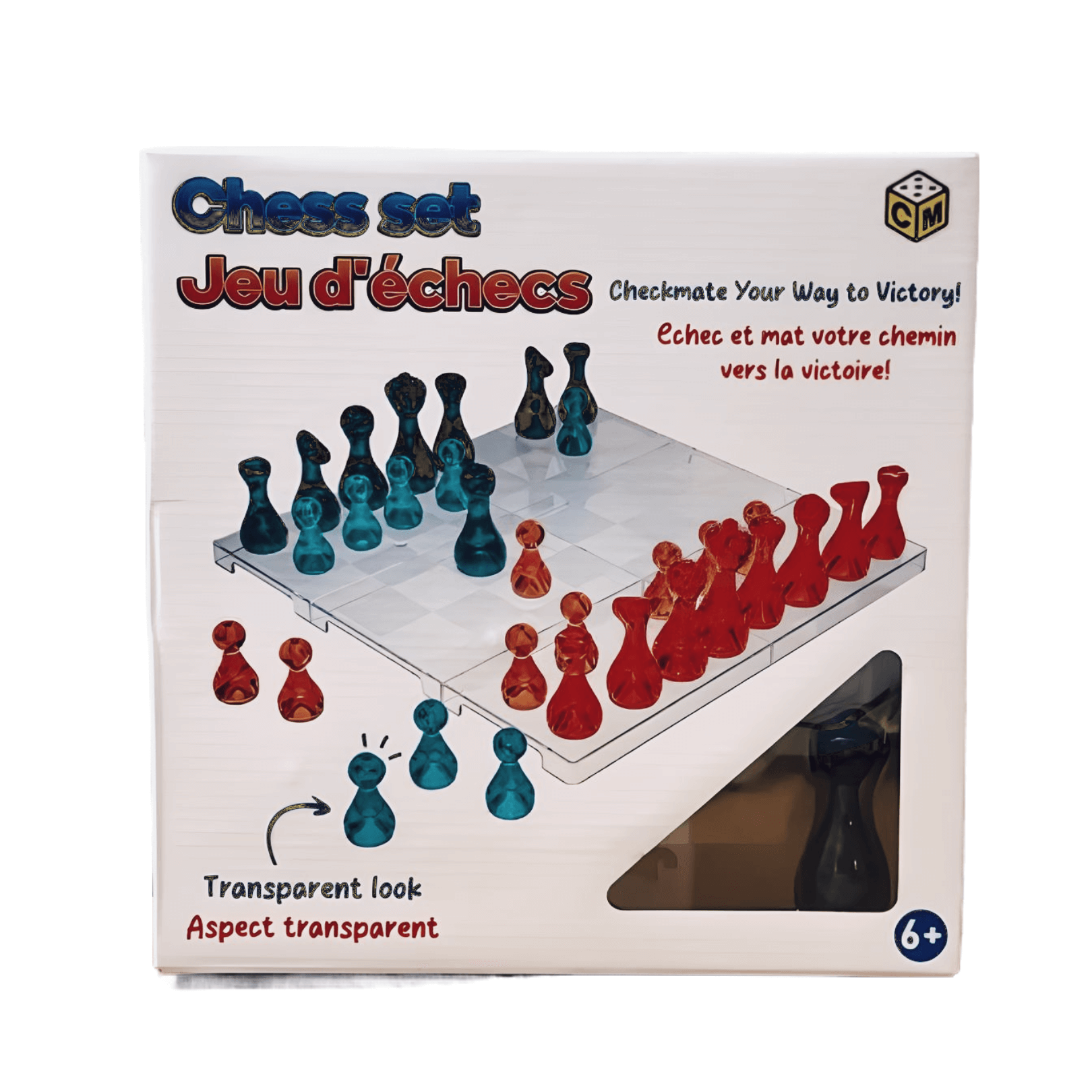 Transparent chess set featuring red and blue pieces on a modern board, ideal for stylish gameplay.