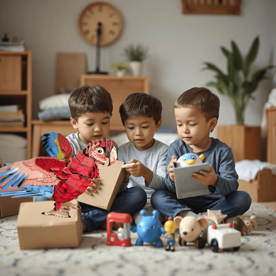 Three children interacting with toys and a Makebug Macaw 3D Paper Puzzle in a cozy, bright living space.
