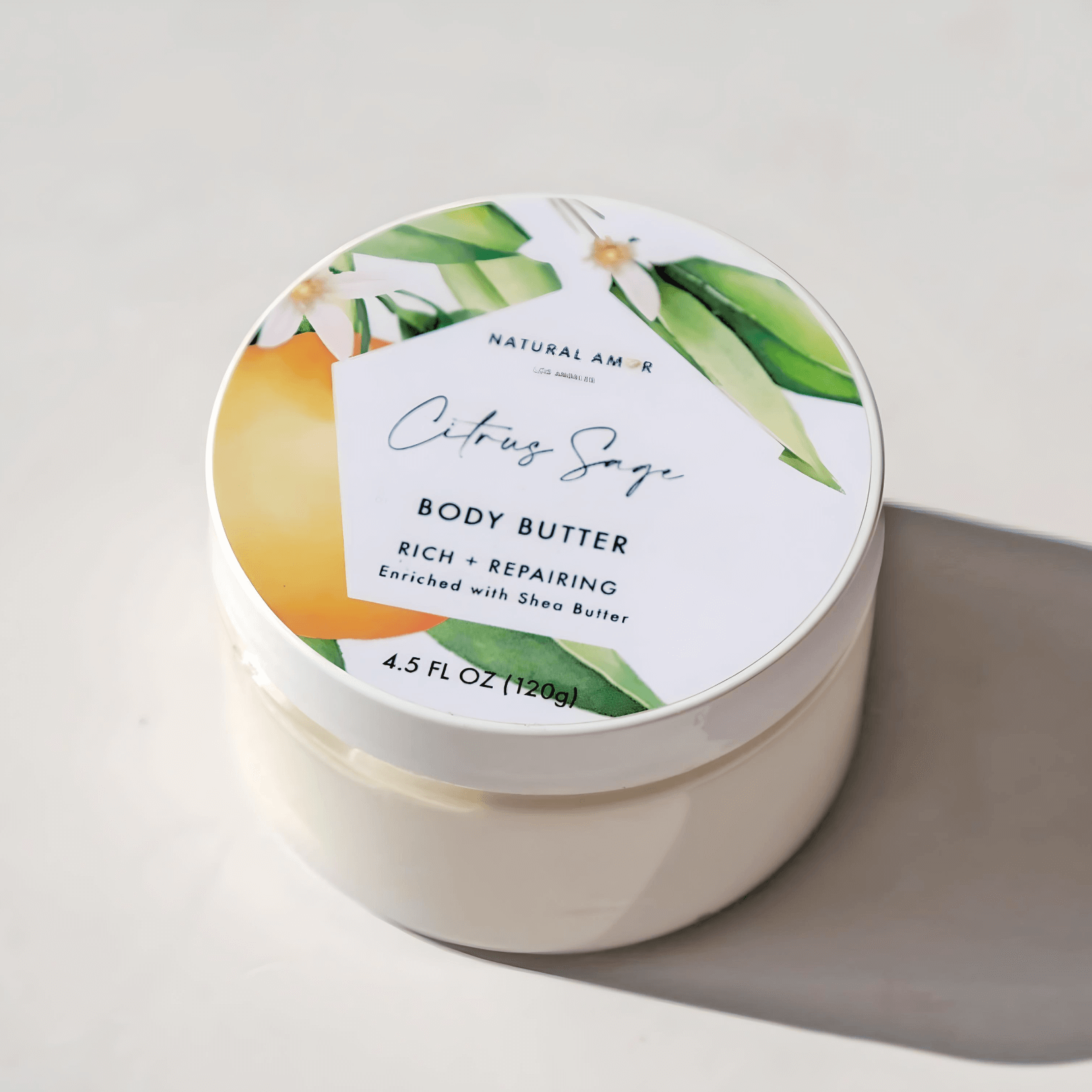 Citrus Sage Body Butter by Natural Amor, 4.5 FL OZ, rich and repairing, enriched with shea butter for smooth skin.