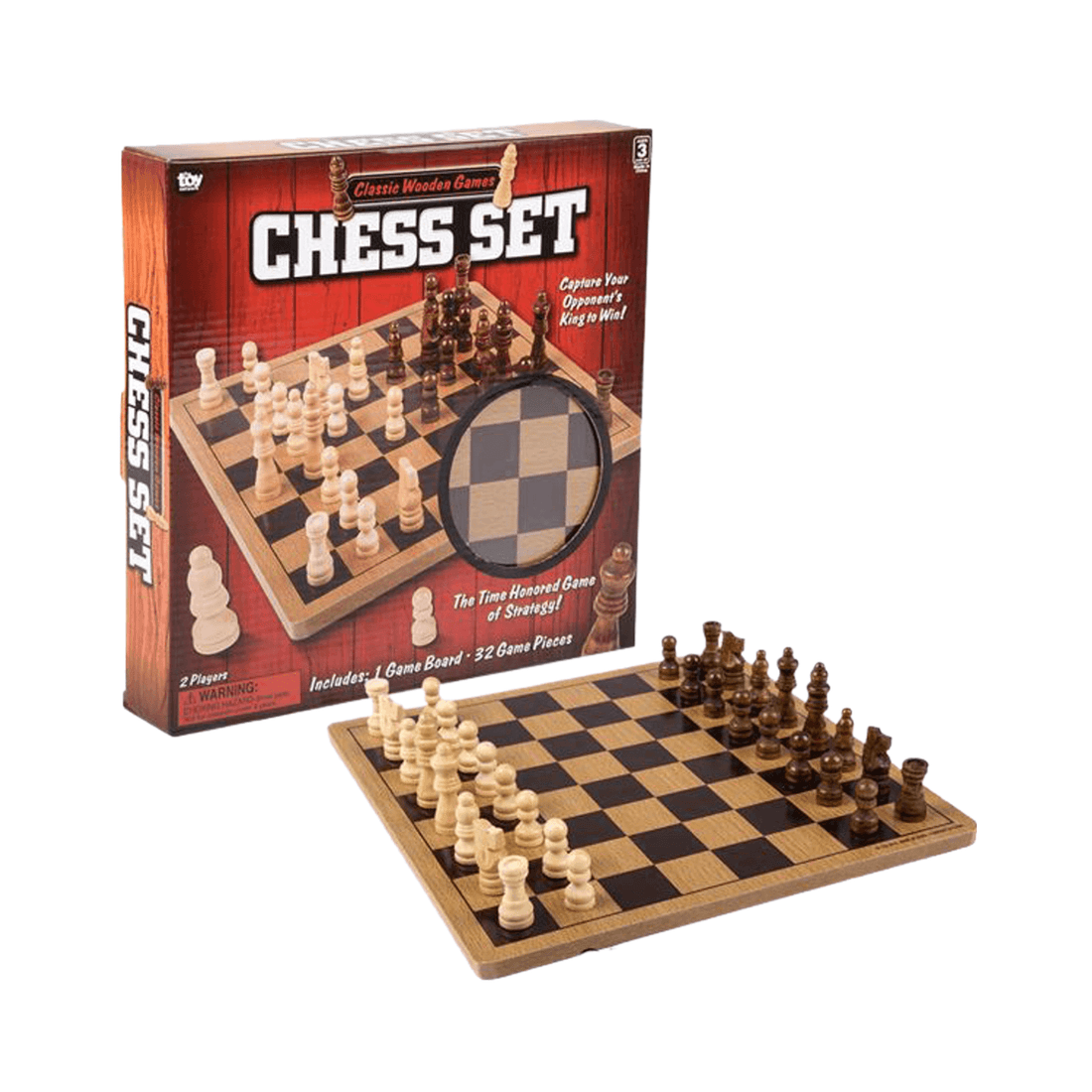 Wooden Chess Set displayed with packaging, featuring a 10-inch board and 32 chess pieces for portable gameplay.