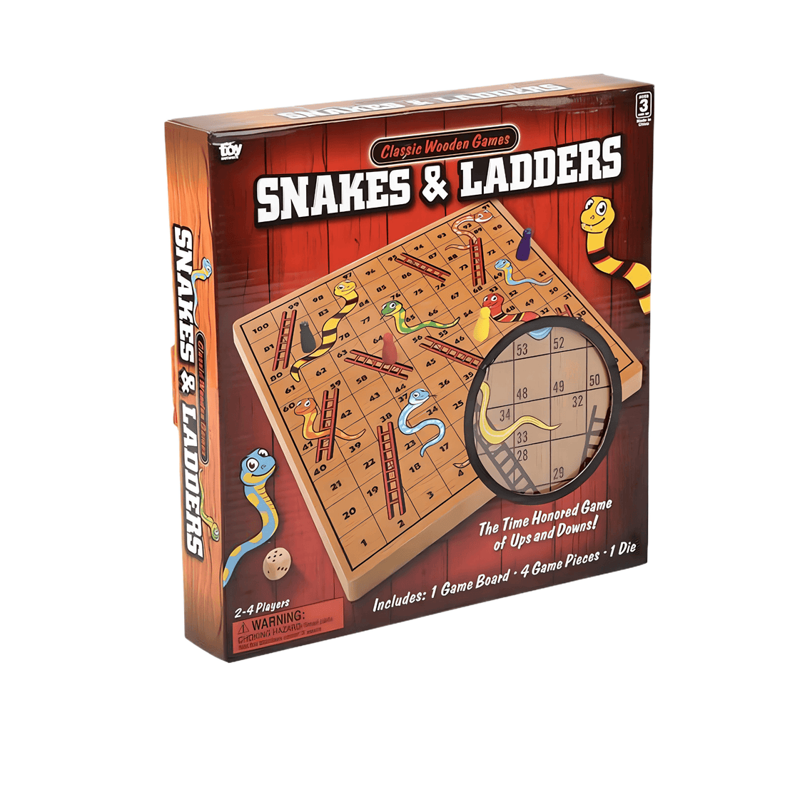 Wooden Snakes and Ladders 10" – Classic Family Board Game packaging with game board and colorful graphics.