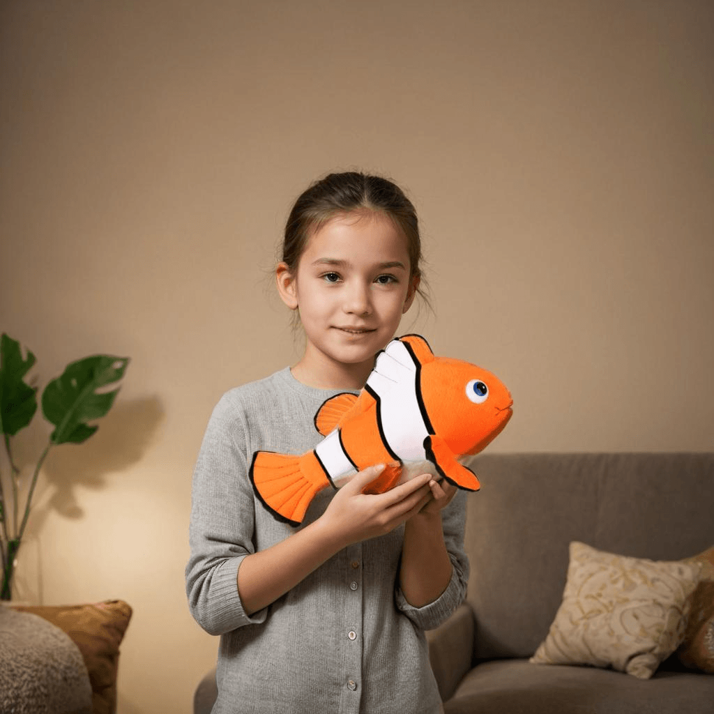 A child holding a Clownfish Plush Toy with bright orange and black stripes, perfect for cuddling.