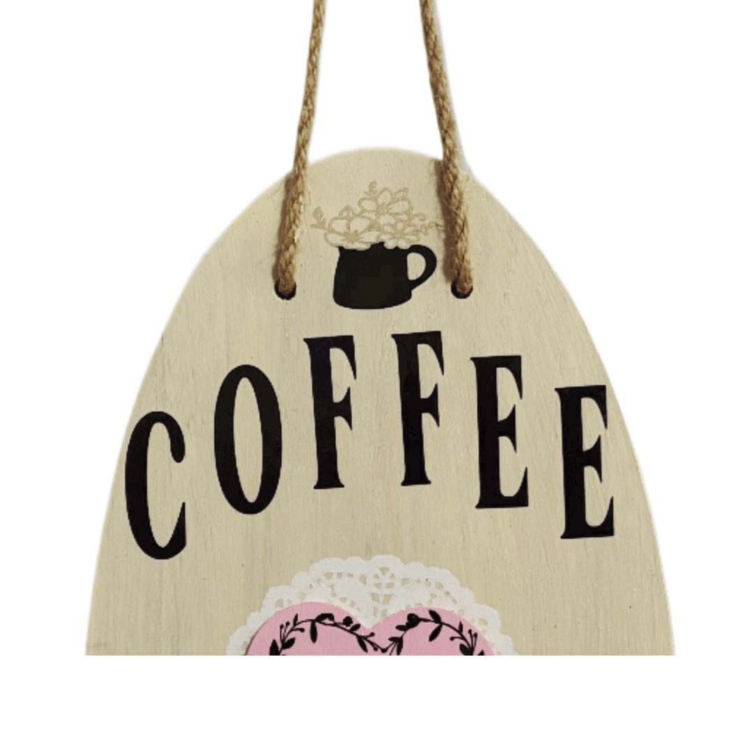 Coffee bar sign with hanging design, featuring elegant lettering and delicate heart accents.