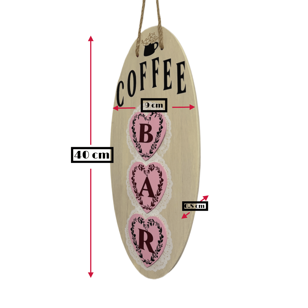 Coffee bar sign in warm white wood with pink hearts, perfect for home coffee stations or cafés.