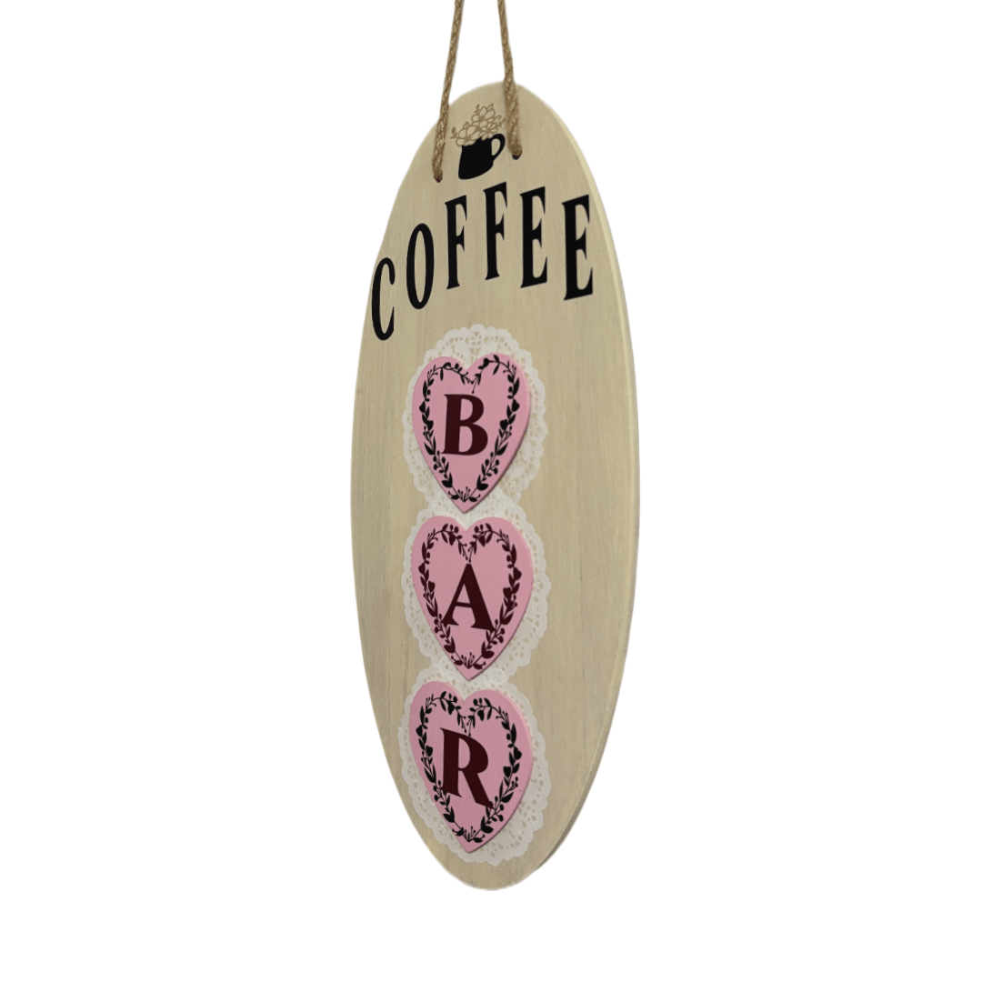 Charming Coffee Bar Sign with pink hearts, perfect for home coffee stations or cozy cafés.
