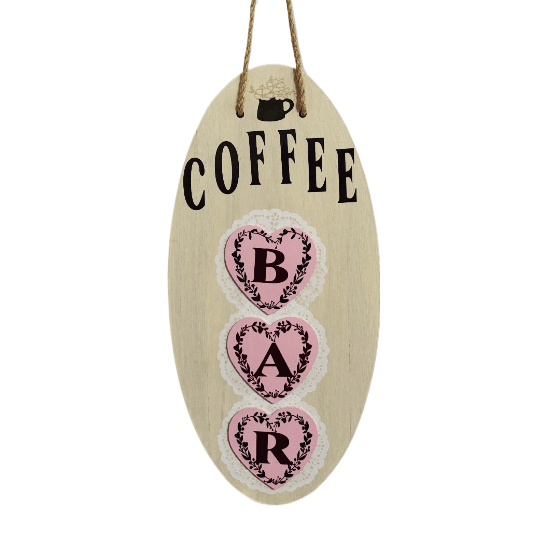 Charming Coffee Bar Sign with three pink hearts, perfect for home coffee stations and cozy decor.