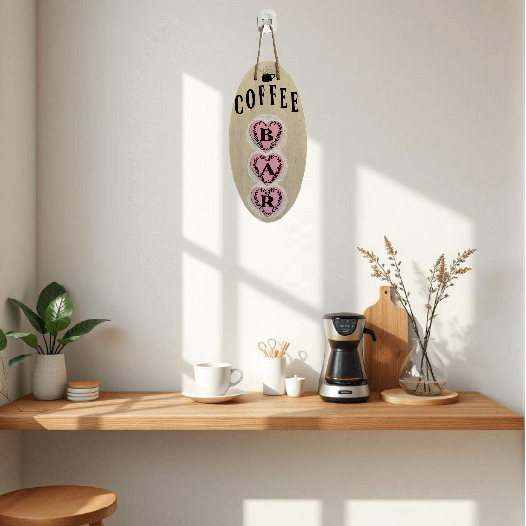 Charming Coffee Bar Sign on a wall, featuring pink hearts, perfect for coffee nooks and cozy farmhouse decor.