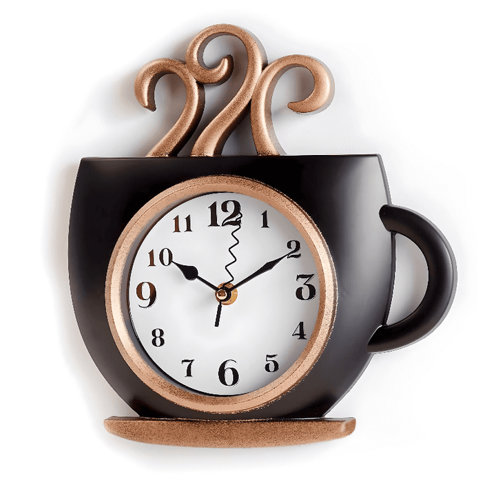 Coffee mug wall clock in black and gold, perfect kitchen decor with stylish functionality.