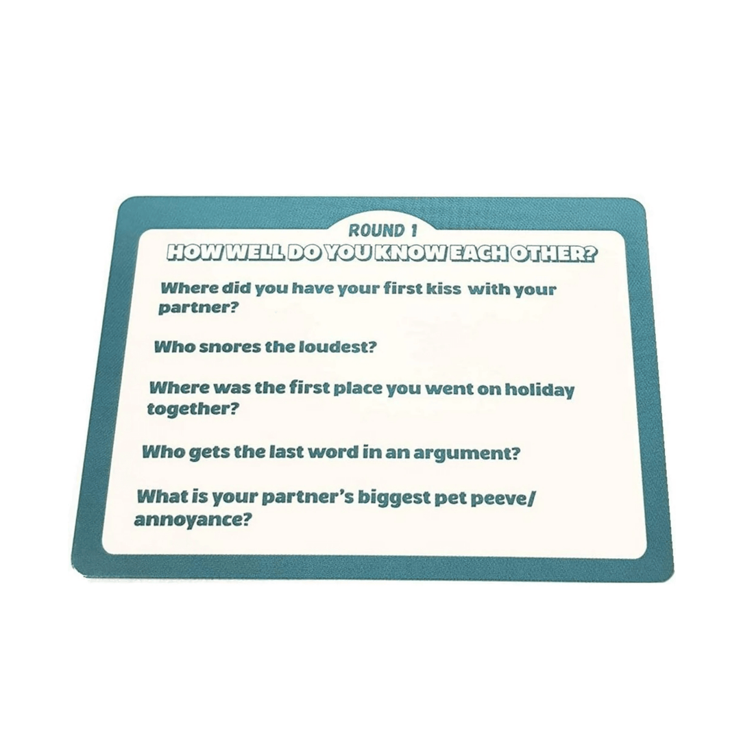 Interactive quiz card from The Couples Quiz game, featuring questions about couples' knowledge of each other.