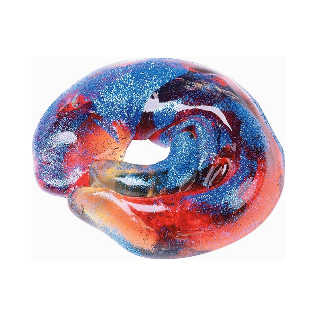 Colorful Cupcake Swirl Putty with vibrant blue and red glitter, blending sparkly hues in a playful twist.