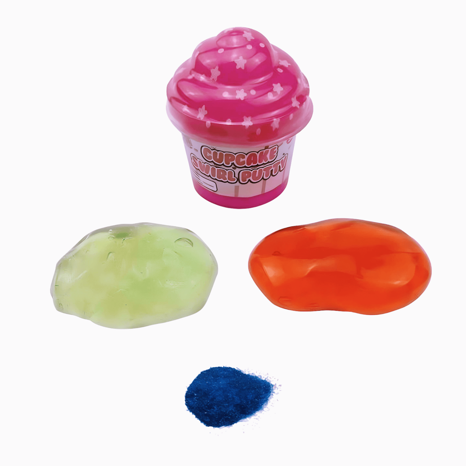 Colorful Cupcake Swirl Putty toy with green and orange putty, plus blue glitter, perfect for sensory play.