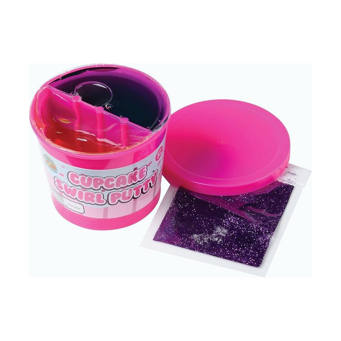 Cupcake Swirl Putty in a colorful container with purple glitter, offering fun, sensory play and vibrant colors.