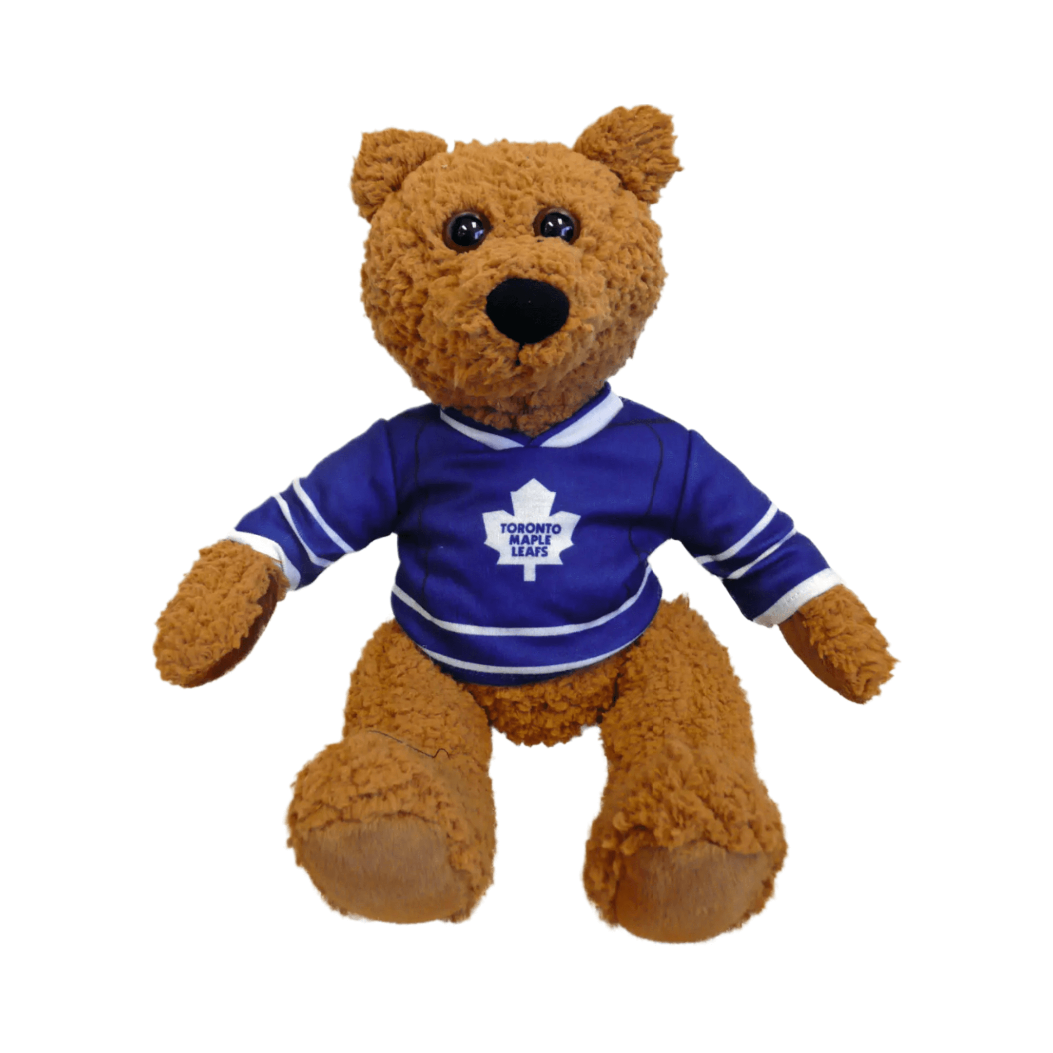 Curly Critter Brown Bear plush toy in Toronto Maple Leafs jersey, perfect for fans and collectors.
