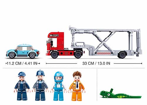 Sluban Car Carrier Truck and Trailer Set with blue car, red truck, mini-figures and forklift.