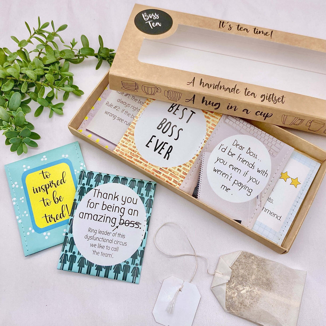 Boss Tea Giftset with 8 mixed teas, inspirational notes in handmade envelopes, perfect for gifts.