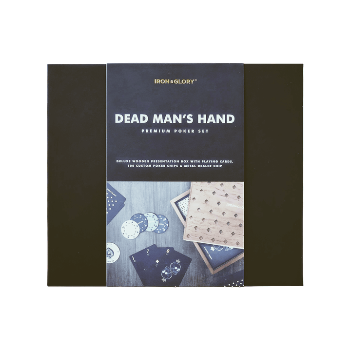 Dead Man's Hand Premium Poker Set in a luxurious black wooden presentation box with playing cards and poker chips.