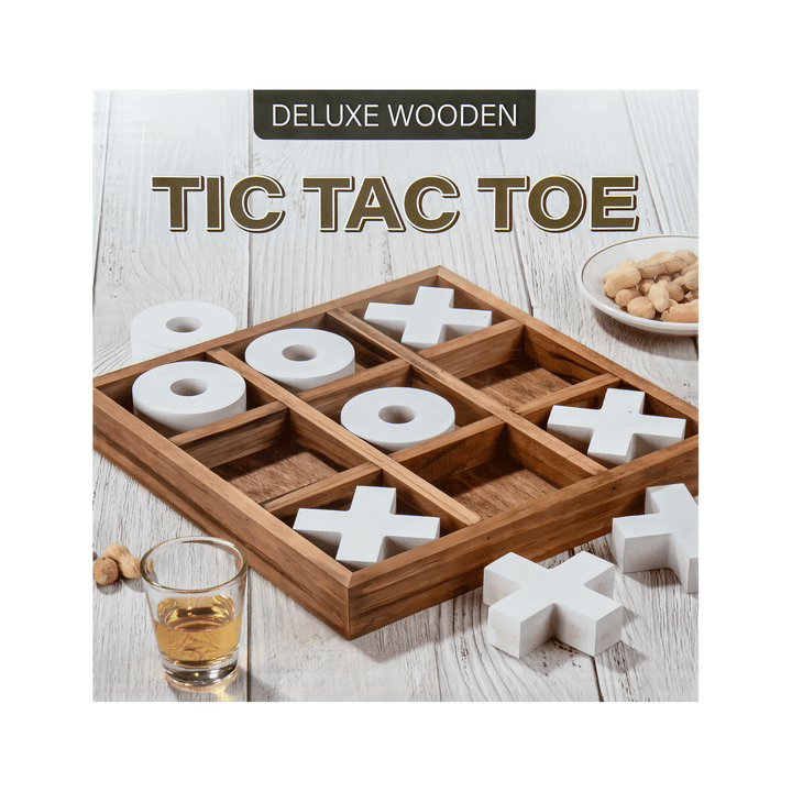 Deluxe Wooden Tic Tac Toe Game set with white pieces on a wooden board, perfect for elegant game nights.