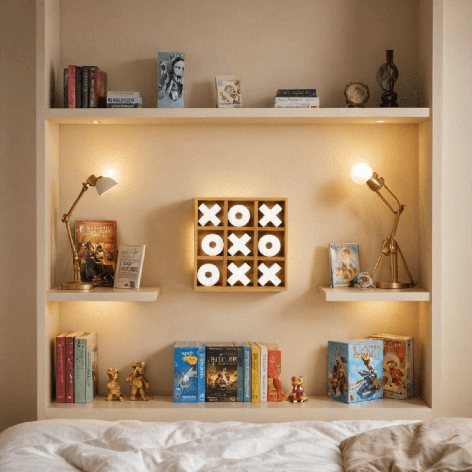 Deluxe Wooden Tic Tac Toe Game displayed on a stylish shelf with books and decor.