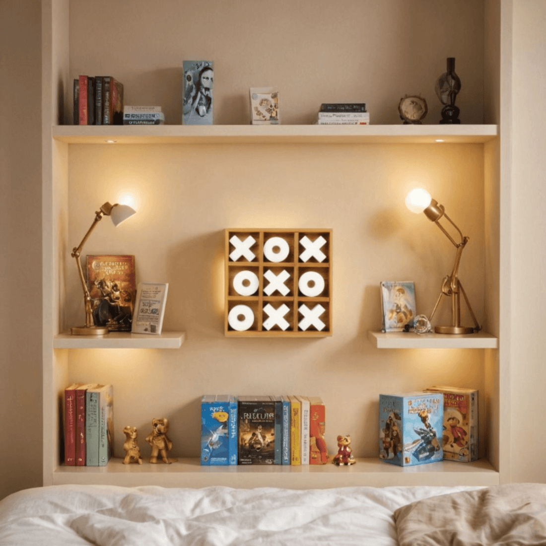 Deluxe Wooden Tic Tac Toe Game displayed on a stylish shelf with books and decor.