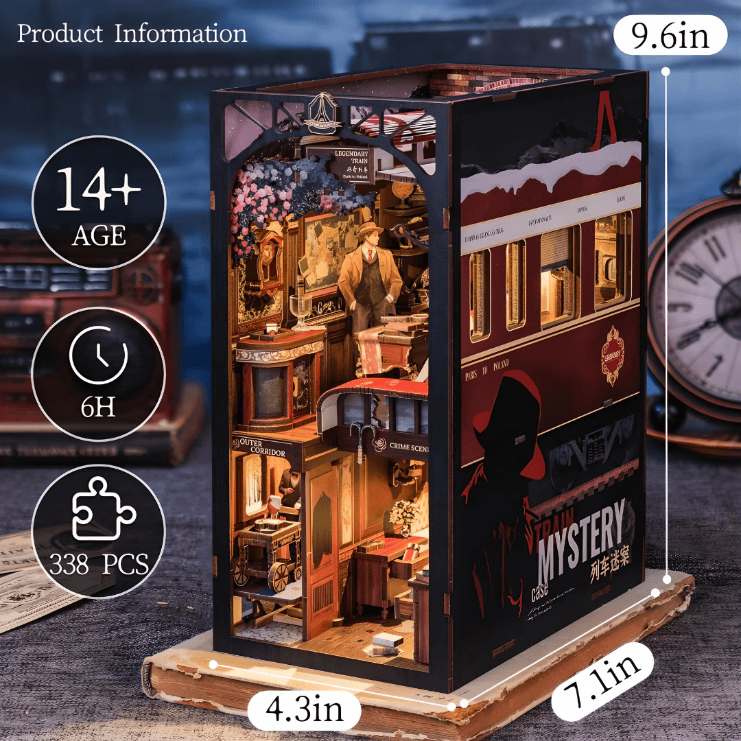 DIY Book Nook Kit - Train Mystery Case, 338-piece diorama, ideal for teens and adults, measuring 9.6 x 7.1 x 4.3 inches.