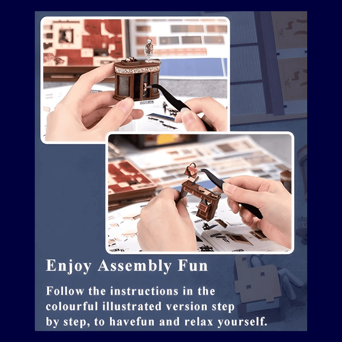Person assembling a miniature model with colorful instructions in a DIY Book Nook Kit for hands-on fun.