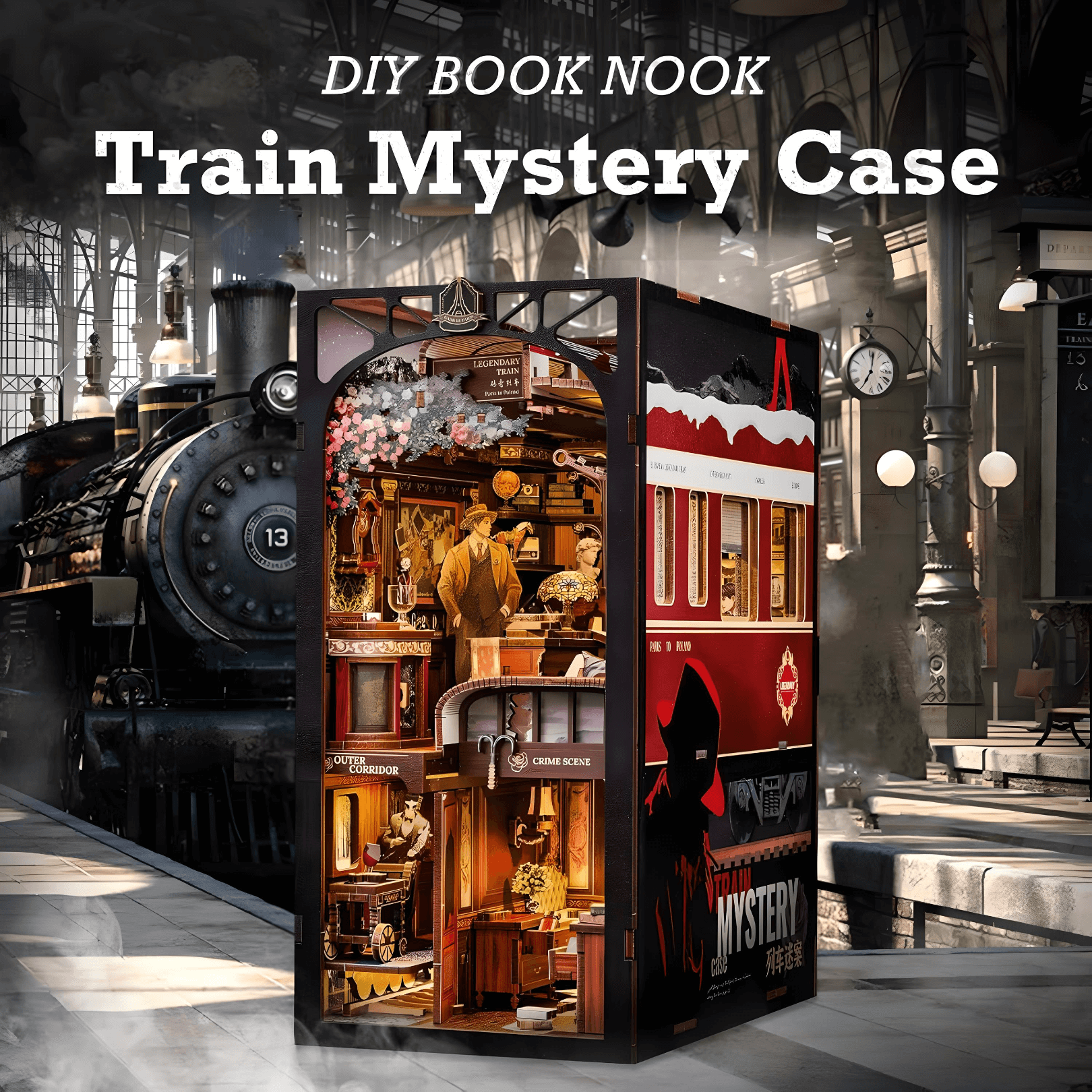 DIY Book Nook Kit - Train Mystery Case with intricate details and vintage train background, perfect for craft enthusiasts.