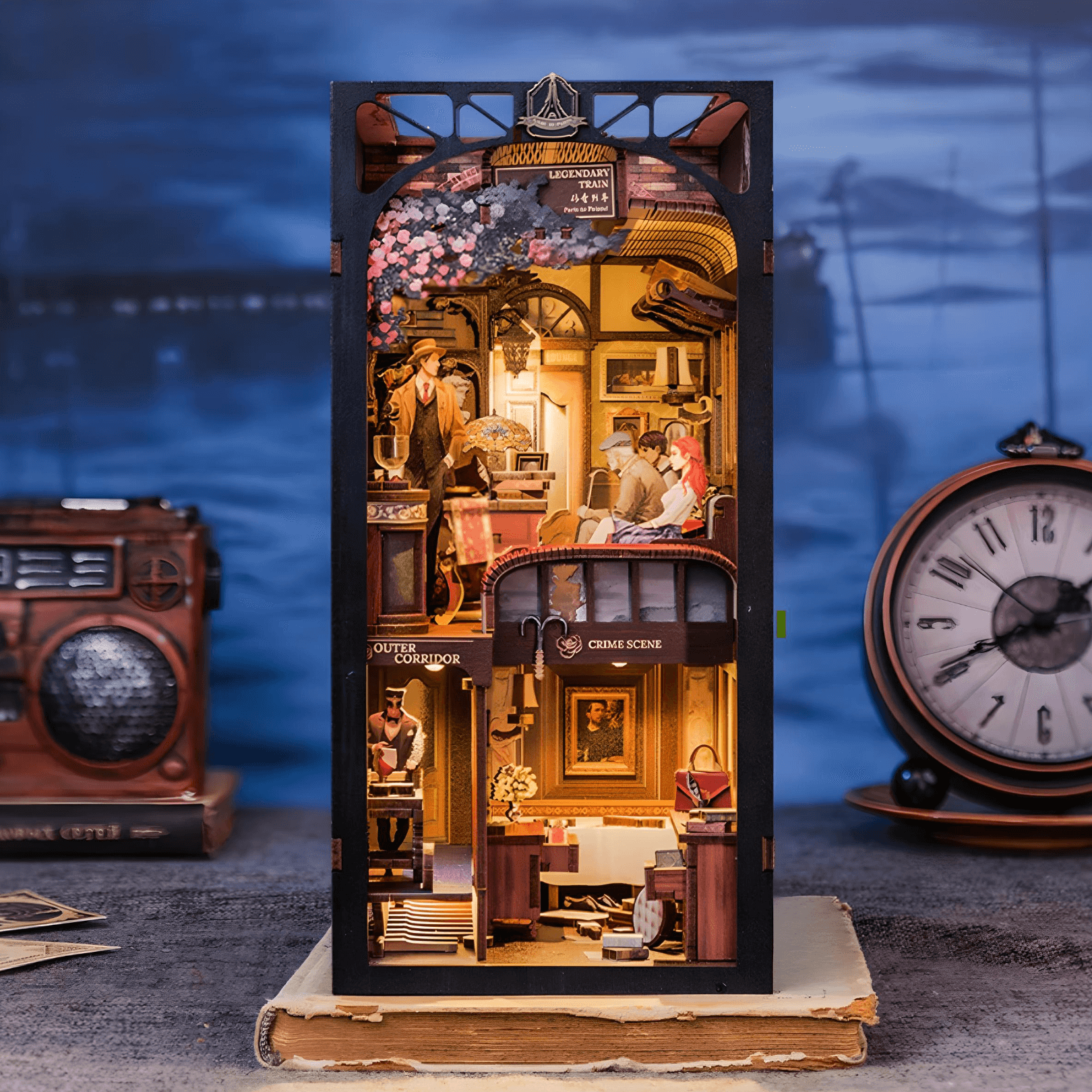 Intricately detailed DIY Book Nook Kit - Train Mystery Case diorama, featuring scenes from a crime mystery.