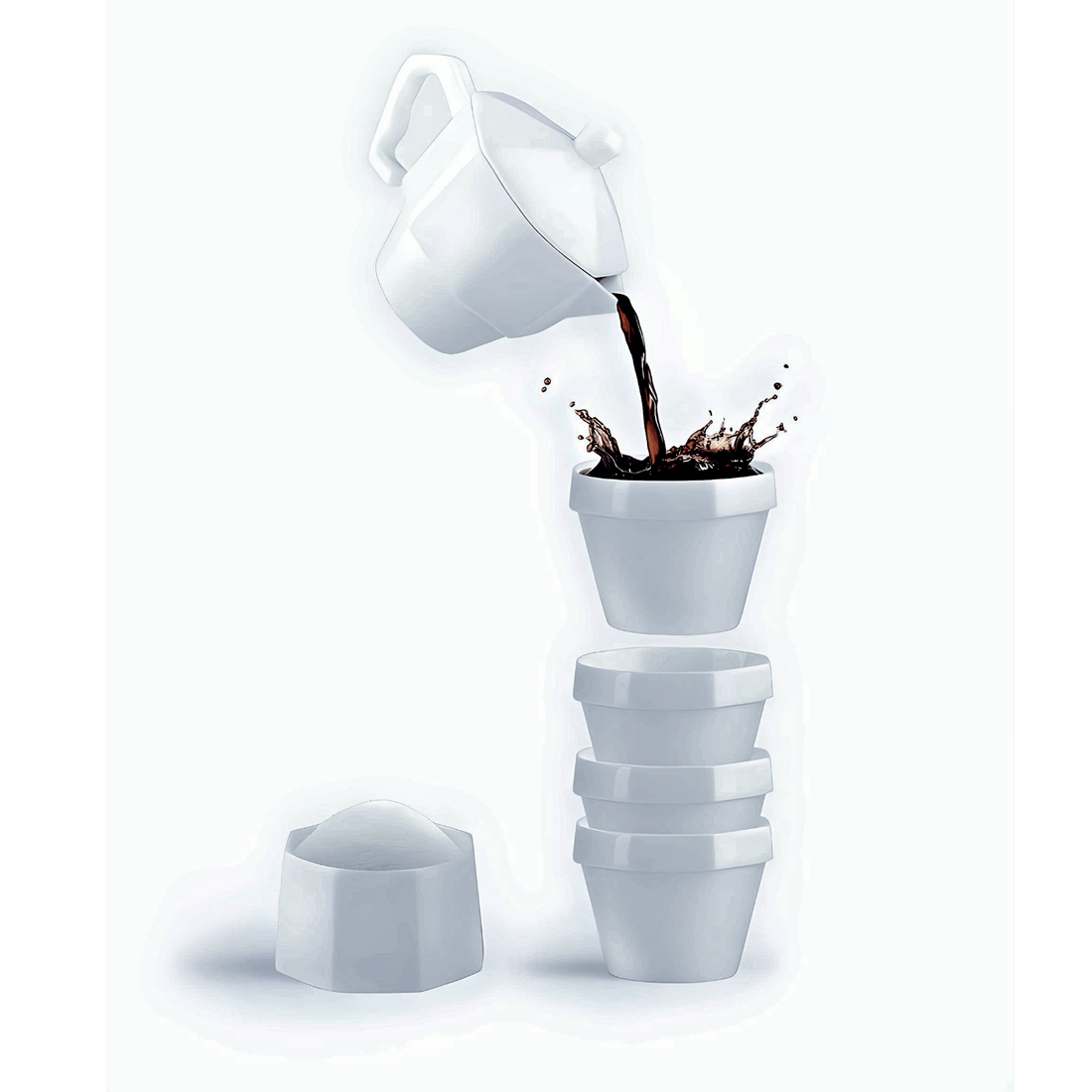 DOIY WithCoffee Moka Pot Set showcasing elegantly nested espresso cups with coffee pouring from the serving jug.