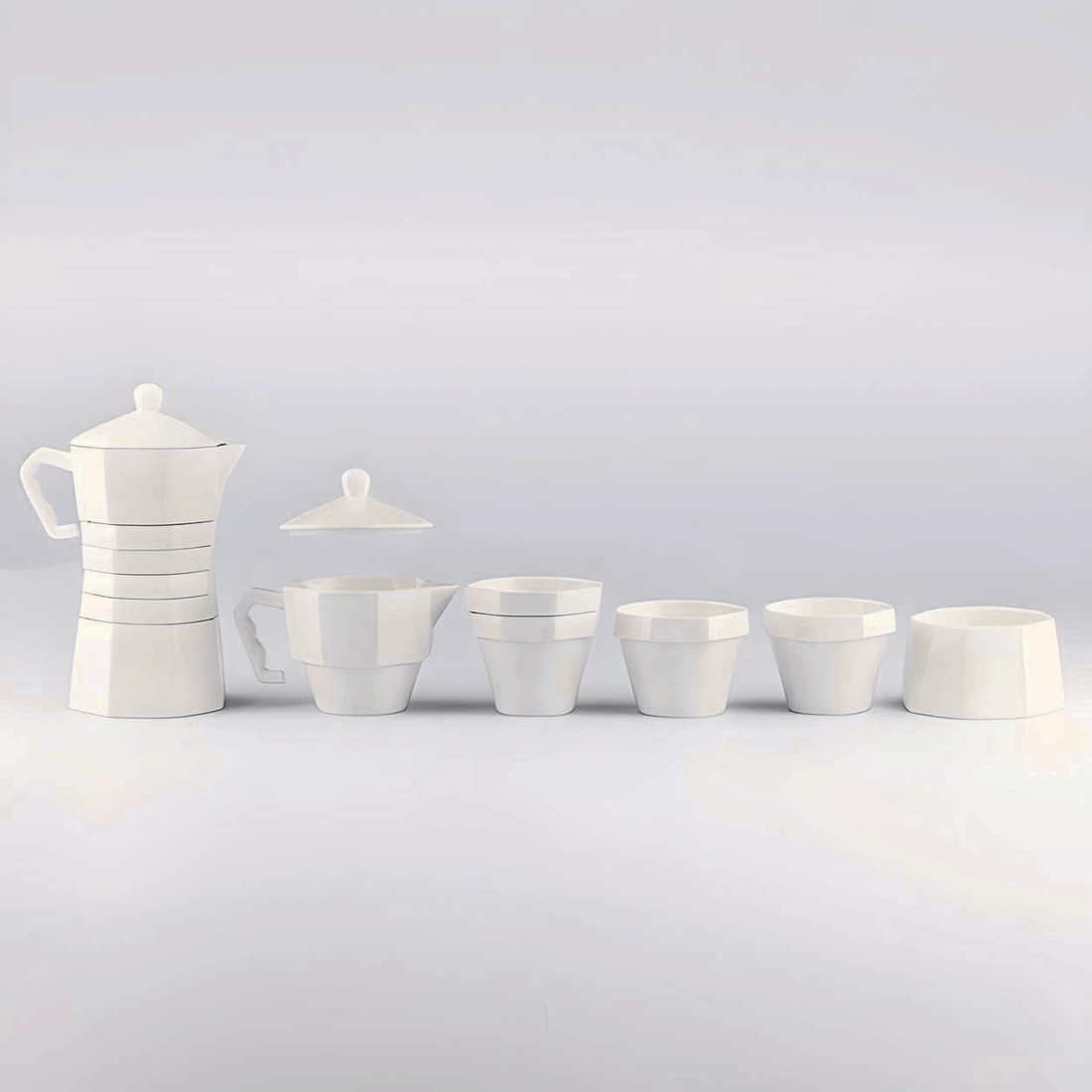 DOIY WithCoffee Moka Pot Set featuring a stylish moka pot, four espresso cups, and a serving bowl in elegant white porcelain.