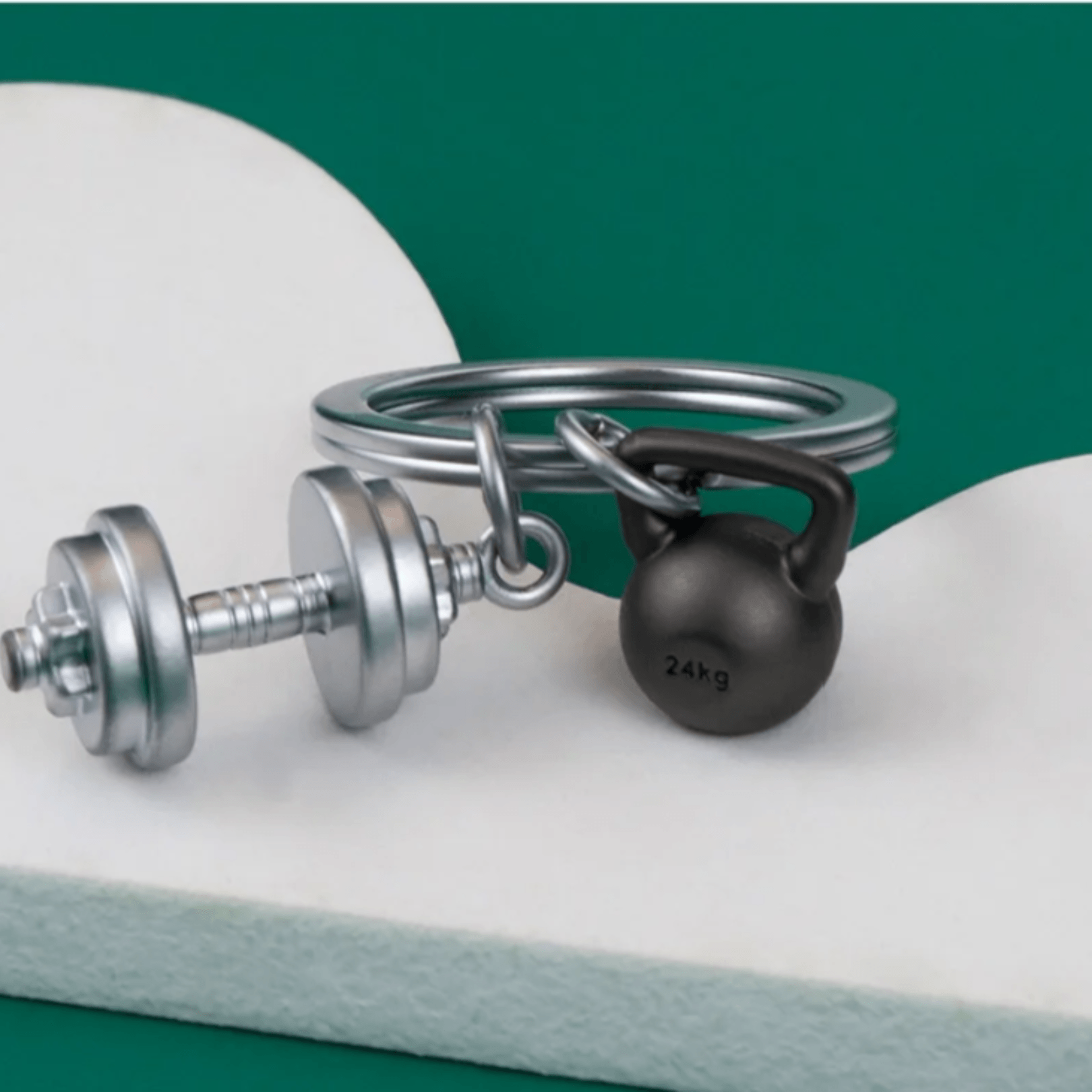 Dumbbell Keychain  -  featuring a zinc alloy dumbbell and kettlebell design, perfect for fitness enthusiasts.