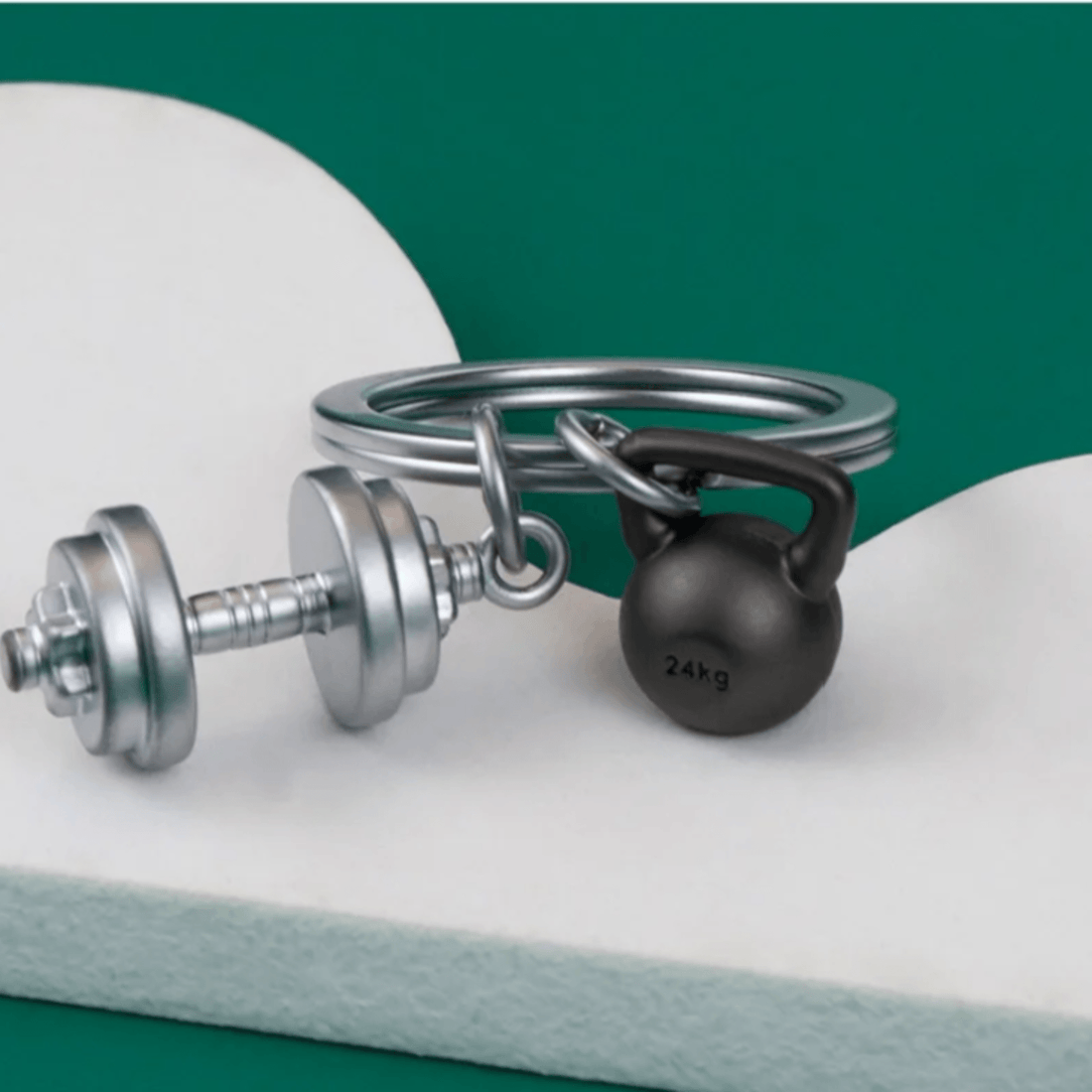 Dumbbell Keychain  -  featuring a zinc alloy dumbbell and kettlebell design, perfect for fitness enthusiasts.