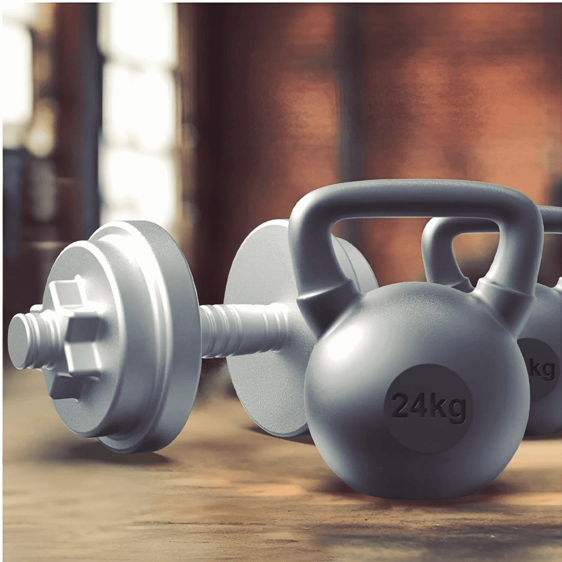 Dumbbell Keychain - accessory with a silver dumbbell and kettlebell for a fitness-inspired style.