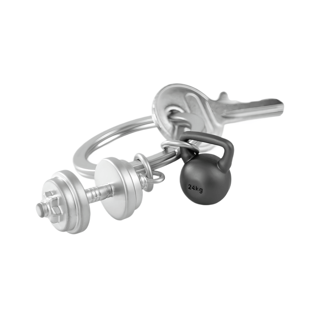 Dumbbell Keychain  - featuring a zinc alloy dumbbell design and kettlebell, adds sporty flair to keys.