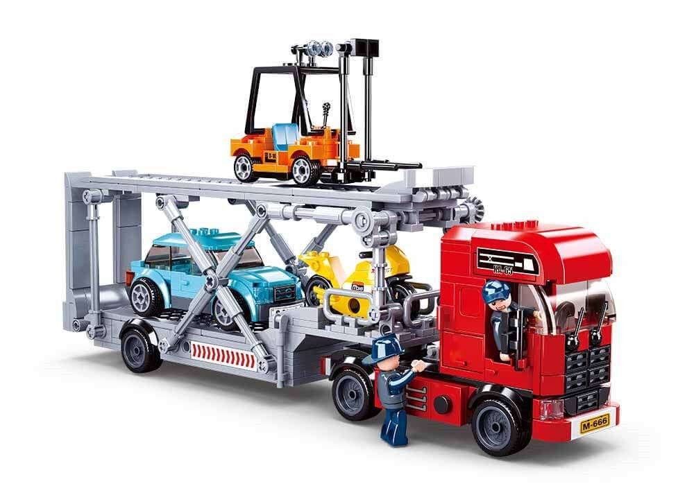 Sluban Car Carrier Truck and Trailer Set with mini-figures, cars, and forklift for young builders.