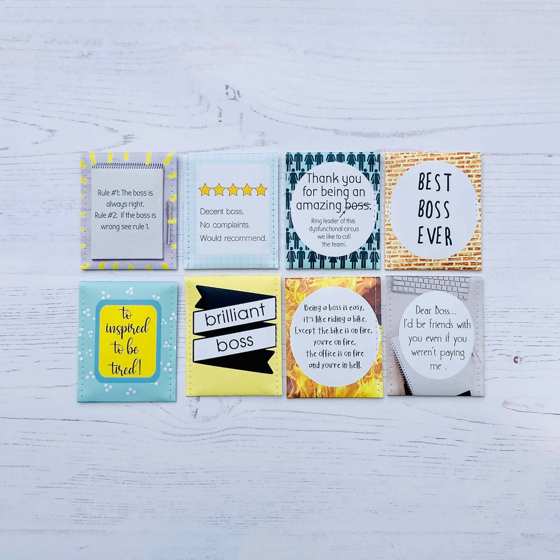 Collage of motivational cards for bosses with inspiring messages on a wooden background.