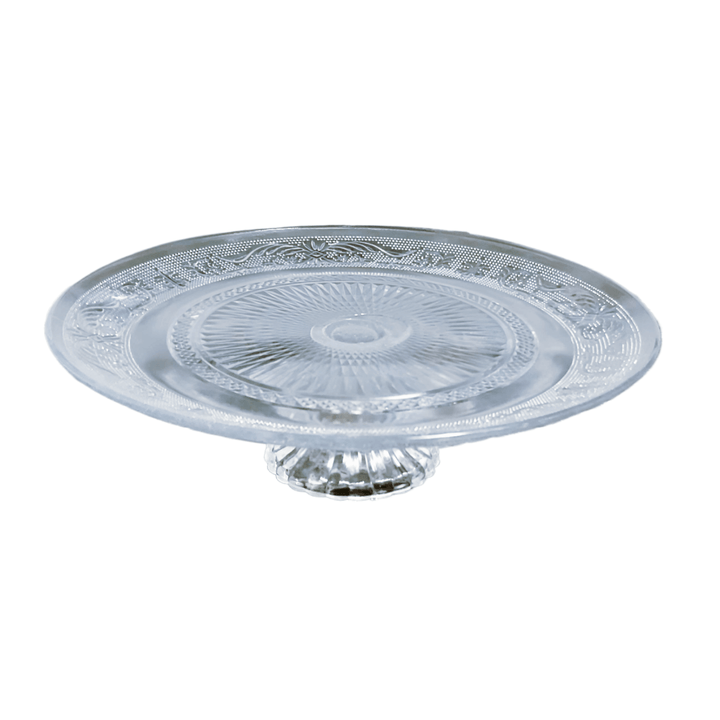 Elegant Round Glass Cake Stand beautifully showcases desserts on a clear glass surface.