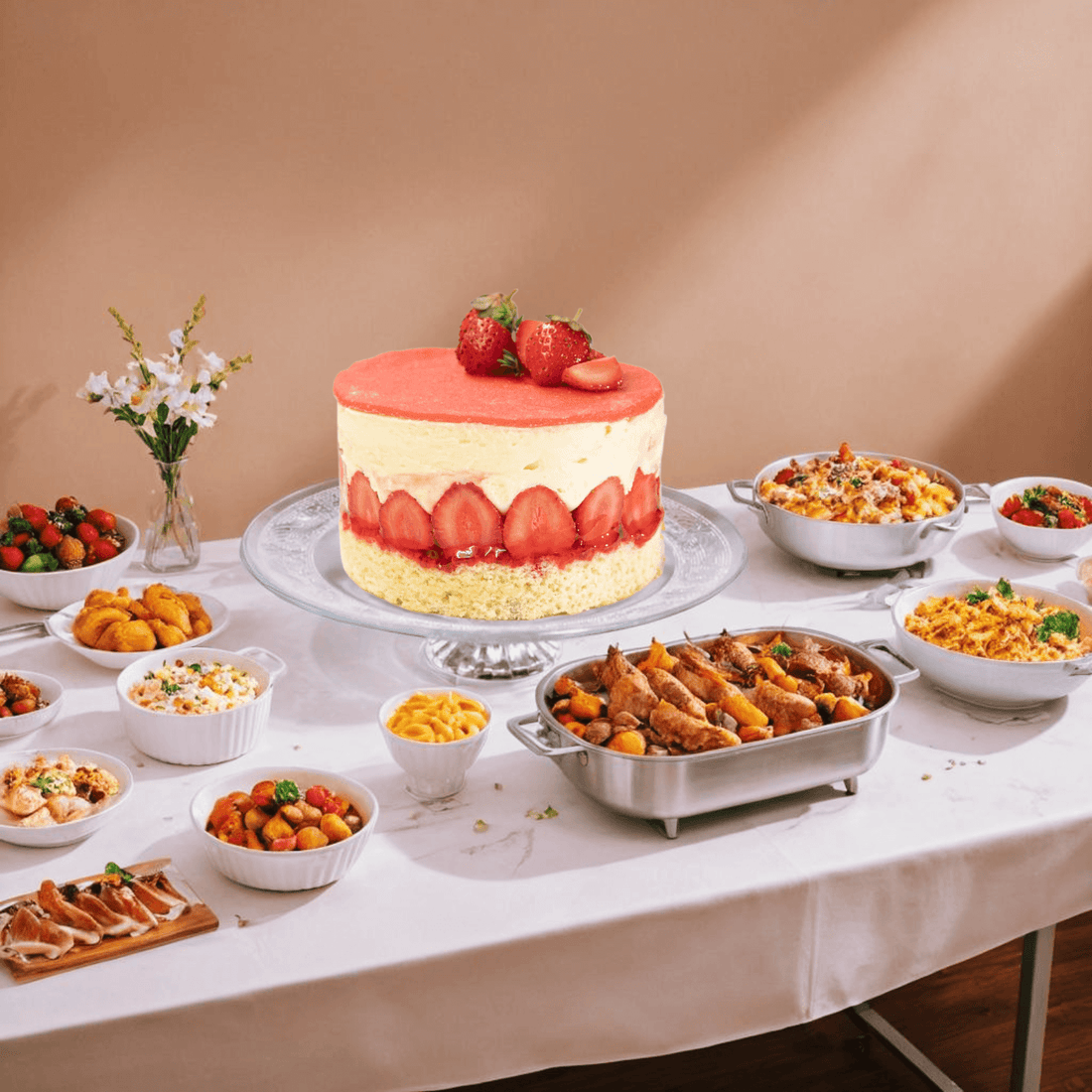 Elegant Round Glass Cake Stand showcasing a delicious cake with assorted dishes on a festive table.