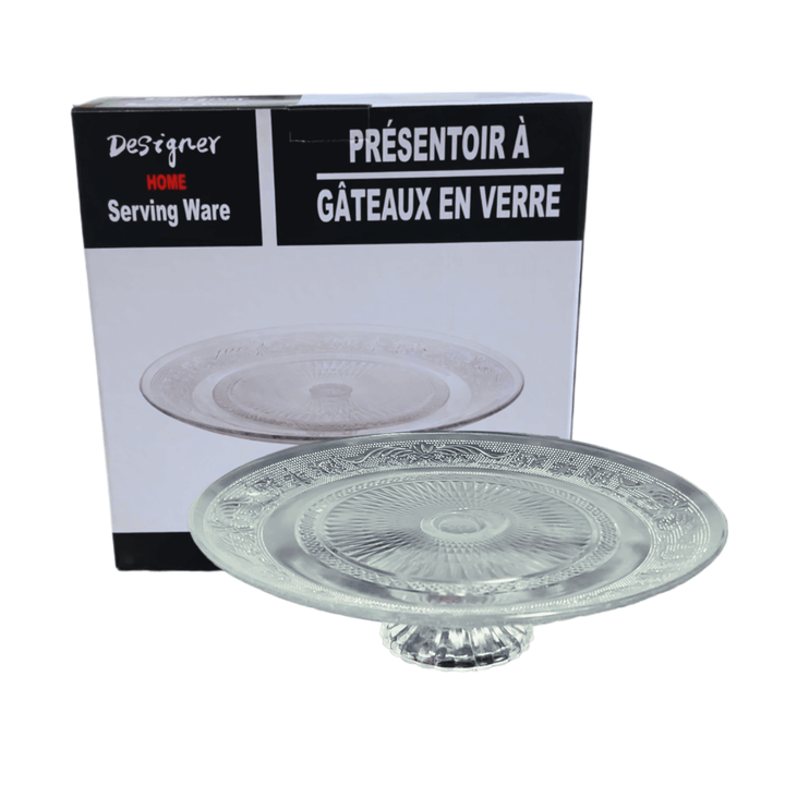 Elegant Round Glass Cake Stand with decorative box, perfect for displaying desserts in style.