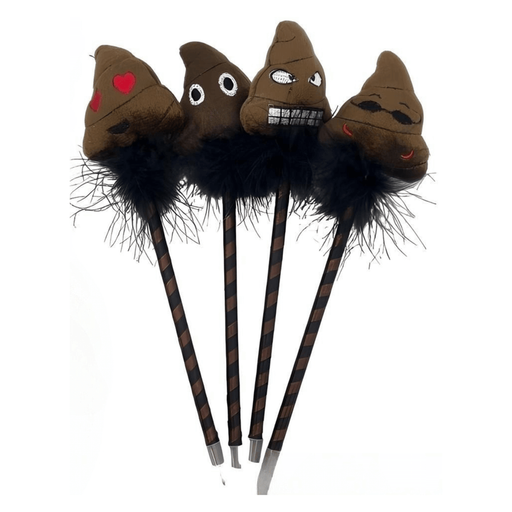 Four fun poop emoji pens with different cheeky faces and fluffy tops, perfect for gifts and party favors.