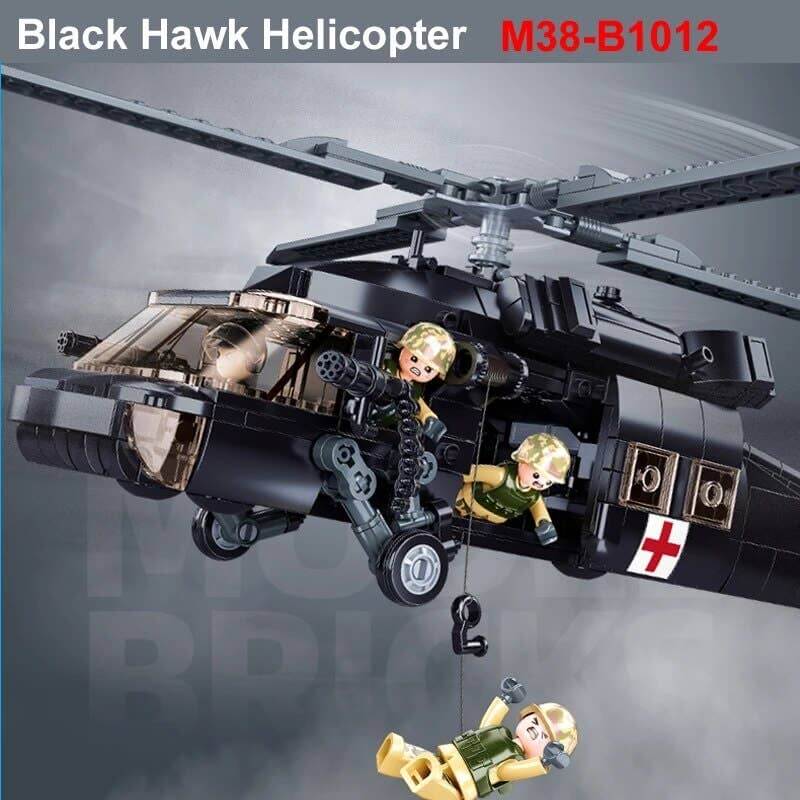 Sluban UH-60 Black Hawk Military Helicopter with mini-figures in action, showcasing detailed construction and play.