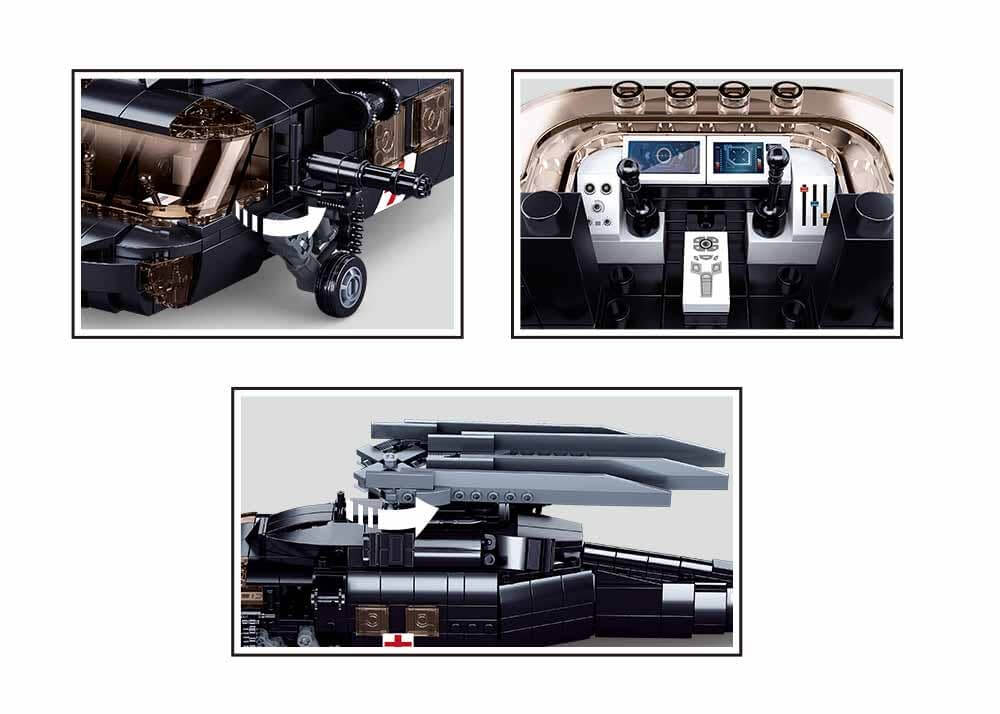 Detailed images of the Sluban UH-60 Black Hawk Military Helicopter building set showcasing cockpit and rotor design.