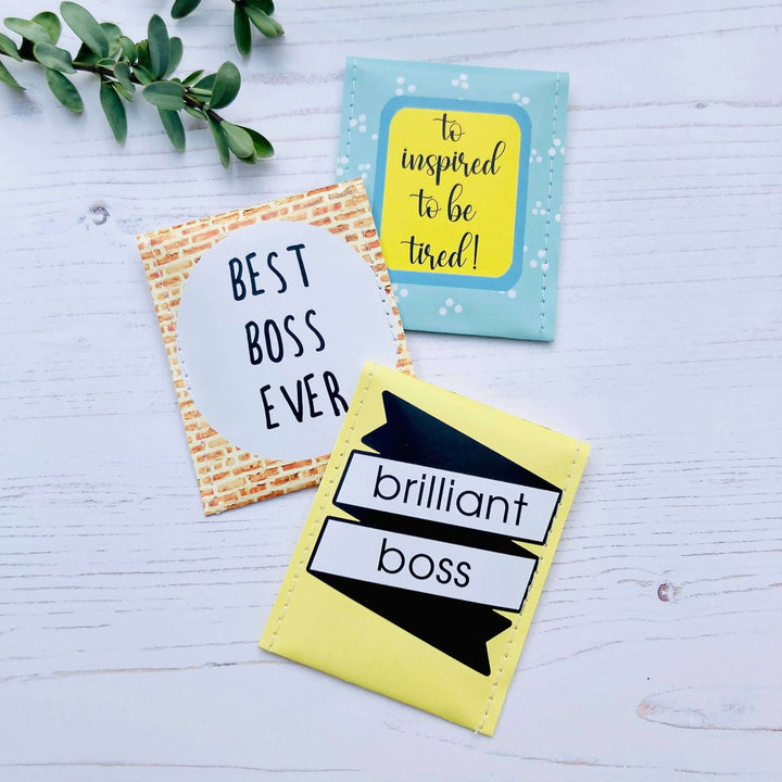 Set of colorful motivational cards for bosses: 'Best Boss Ever', 'Brilliant Boss', and 'Inspired to Be Tired'.
