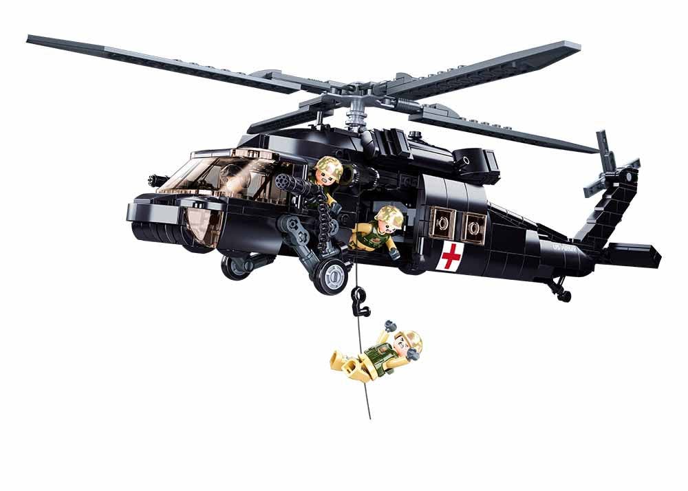 Sluban UH-60 Black Hawk Military Helicopter Building Set with mini-figures and helicopter rescue scene.