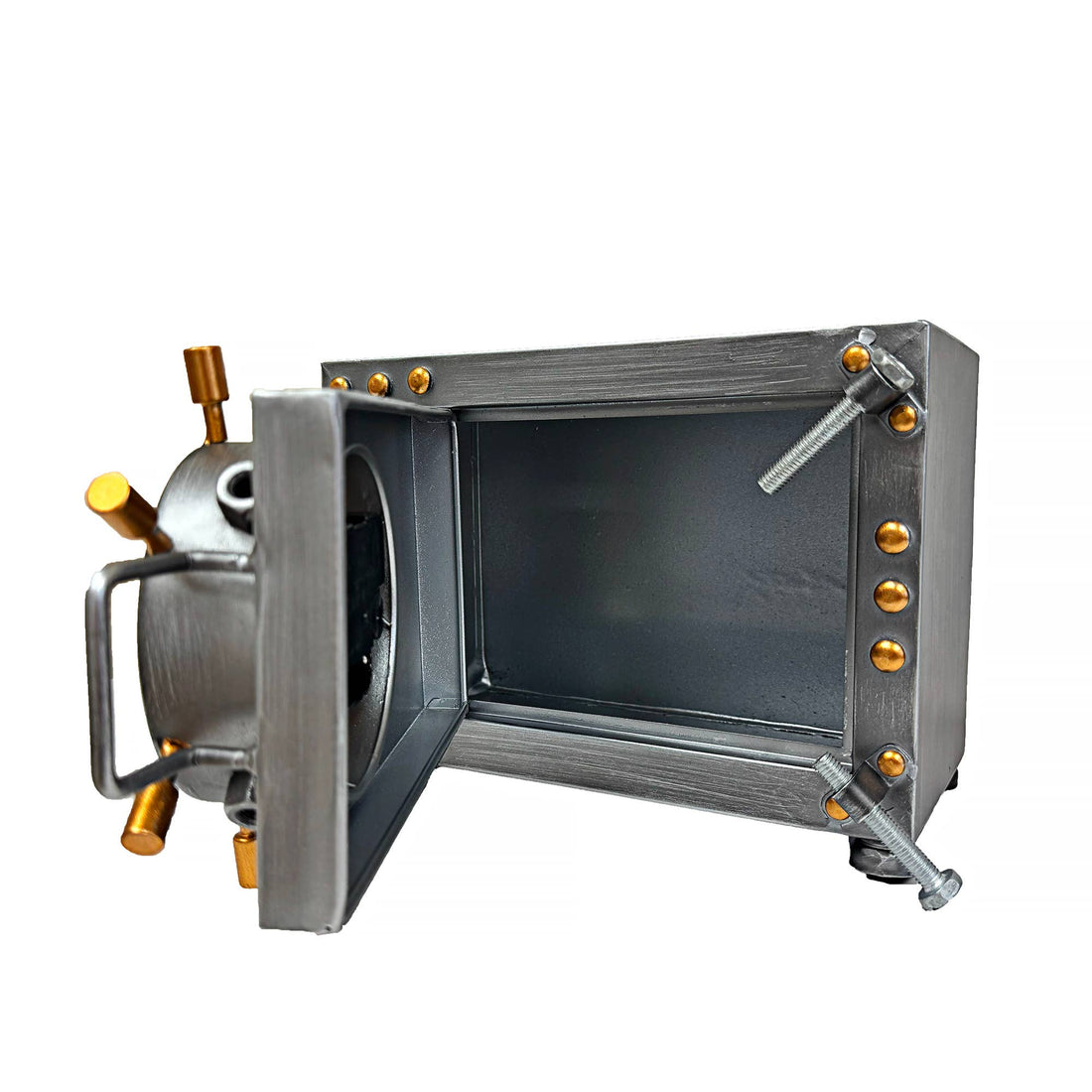 Metallic vintage-style television set on a white background