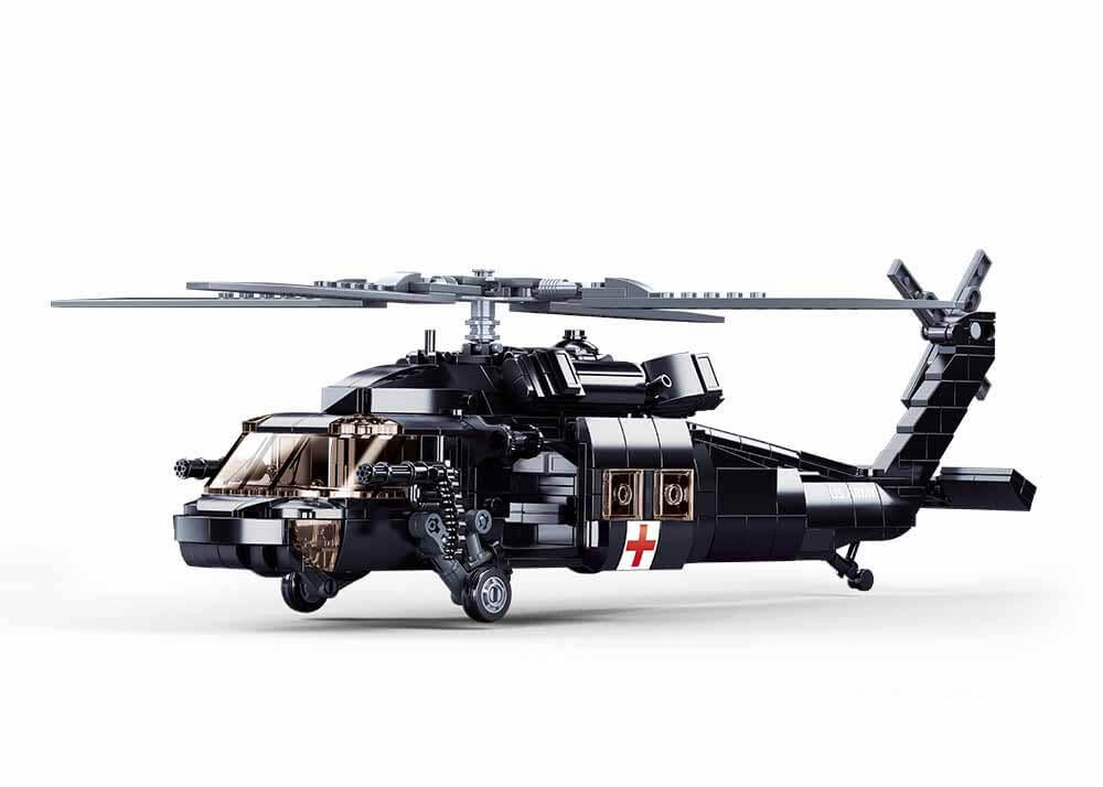 Sluban UH-60 Black Hawk Military Helicopter building set showcasing detailed design and features.
