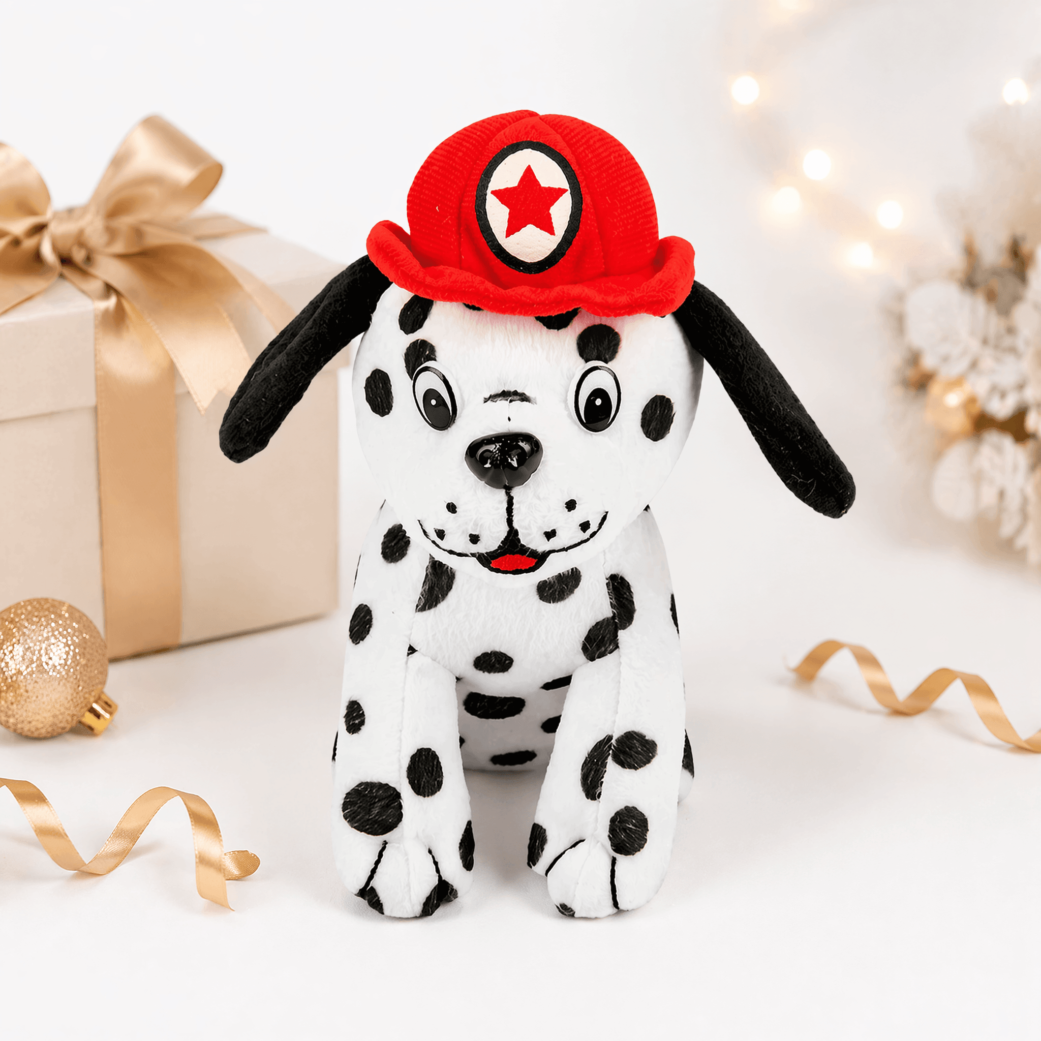 Firefighter Dalmatian Plush 7" wearing a red fire hat, perfect for gifts and fun decor.
