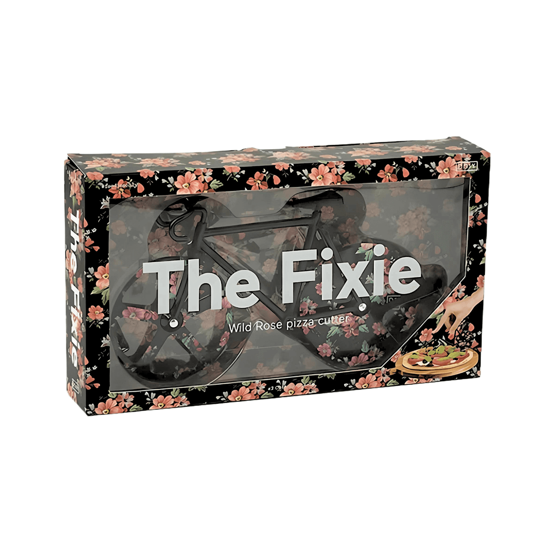 Wild Rose Floral Fixie Pizza Cutter in decorative packaging, featuring a bicycle design and pizza serving suggestion.