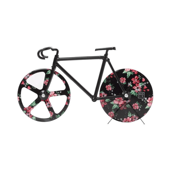 Fixie pizza cutter in bike shape with wild rose floral design, perfect for stylish pizza slicing.